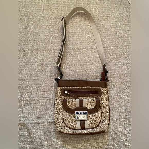Chaps Brown Leather & Woven Straw Crossbody Shoulder Bag Adjustable StrapVintage - Picture 4 of 9